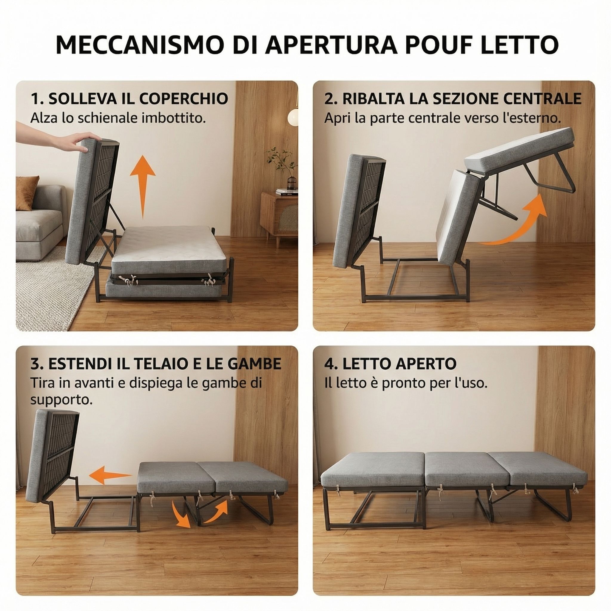 HAP - Pouf Letto apribile salvaspazio con comodo materasso h. 10cm
